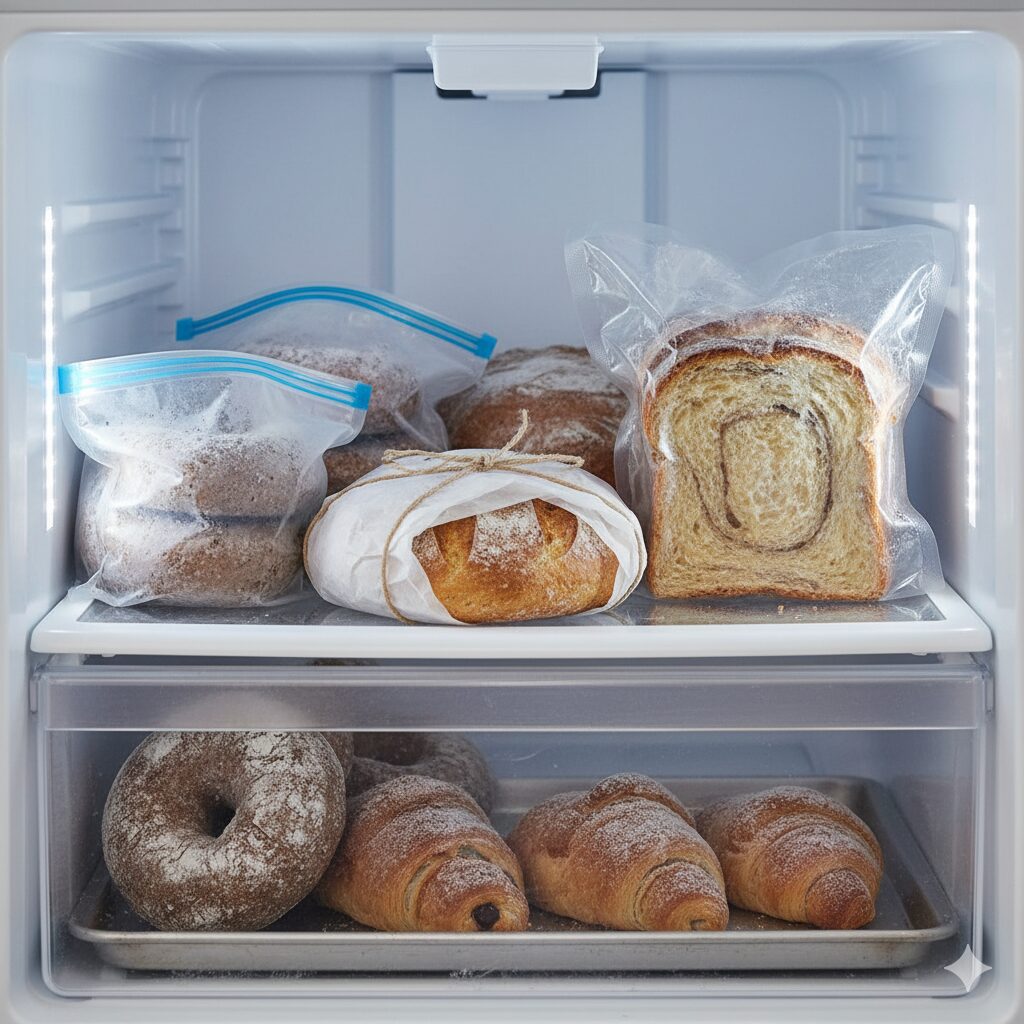 冷凍庫　保存　キューブパンが整理されて並ぶ