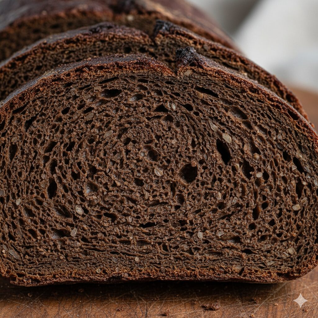 プンパーニッケルの断面アップ。黒くてしっとりした質感を強調。