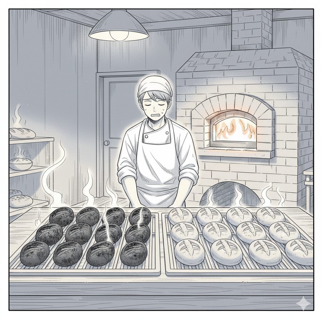 焼きすぎたパンと焼き足りないパンが並んでいる漫画風の画像
