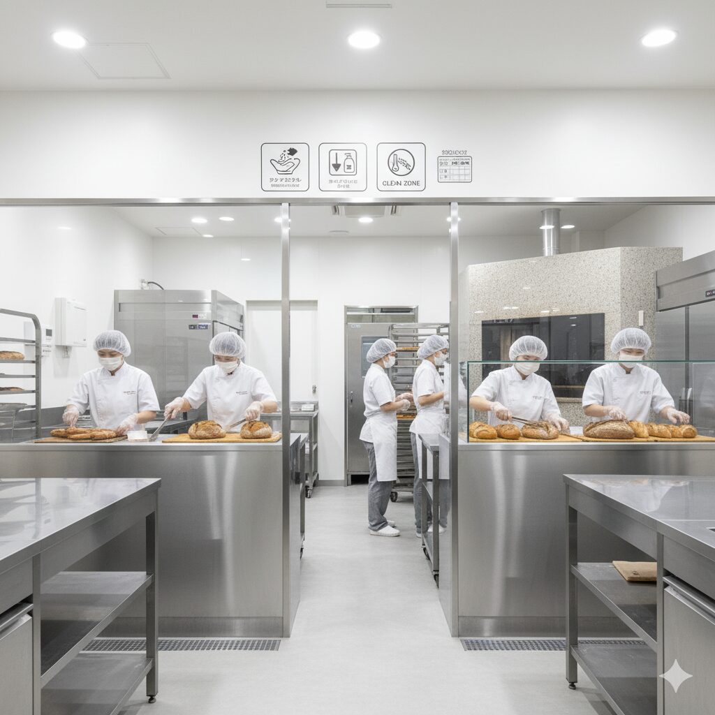 清潔感のある現代的なベーカリーの厨房。パン職人が衛生帽とマスクを着用し、ステンレス製の台や設備が整理整頓された空間で作業している。床や壁は明るく、衛生管理が徹底されている様子がリアルに伝わる。
