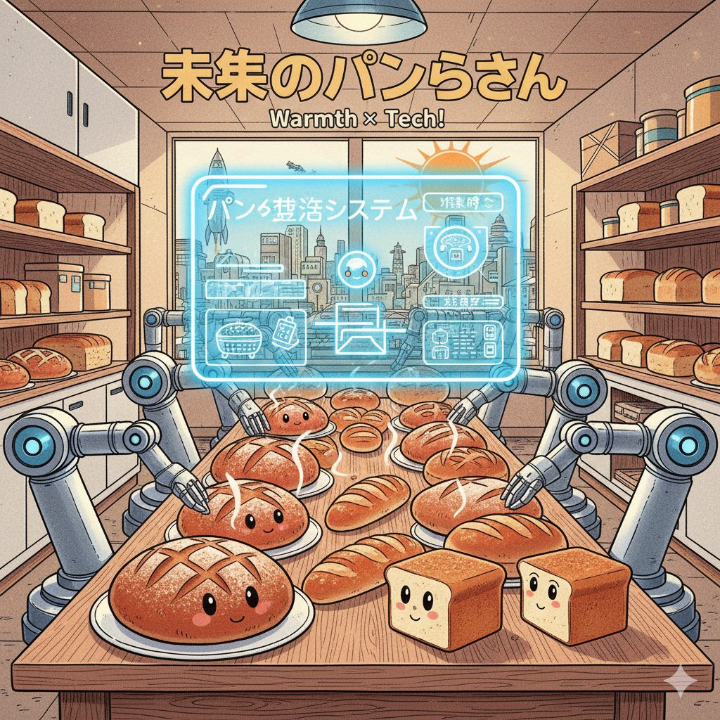 近未来的なキッチンにパンが並ぶ光景。温かみとテクノロジーの対比、ロボットアームがパンをこねている