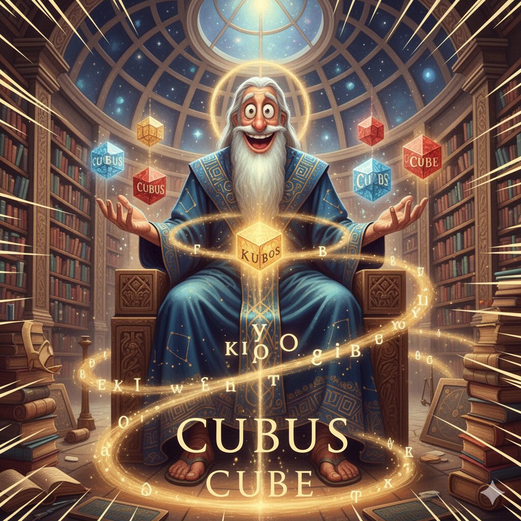 知恵の神様クバが、ちょっとおちゃめな感じでキューブを生み出しているような、ユーモラスなタッチの漫画風イラスト