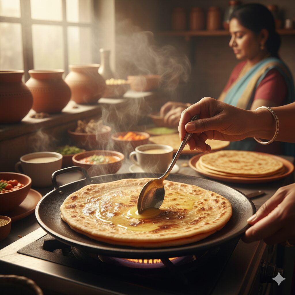 焼き立てパラータにギーを塗る手元。香り豊かなインドキッチン風景 インドの女性が料理をしている