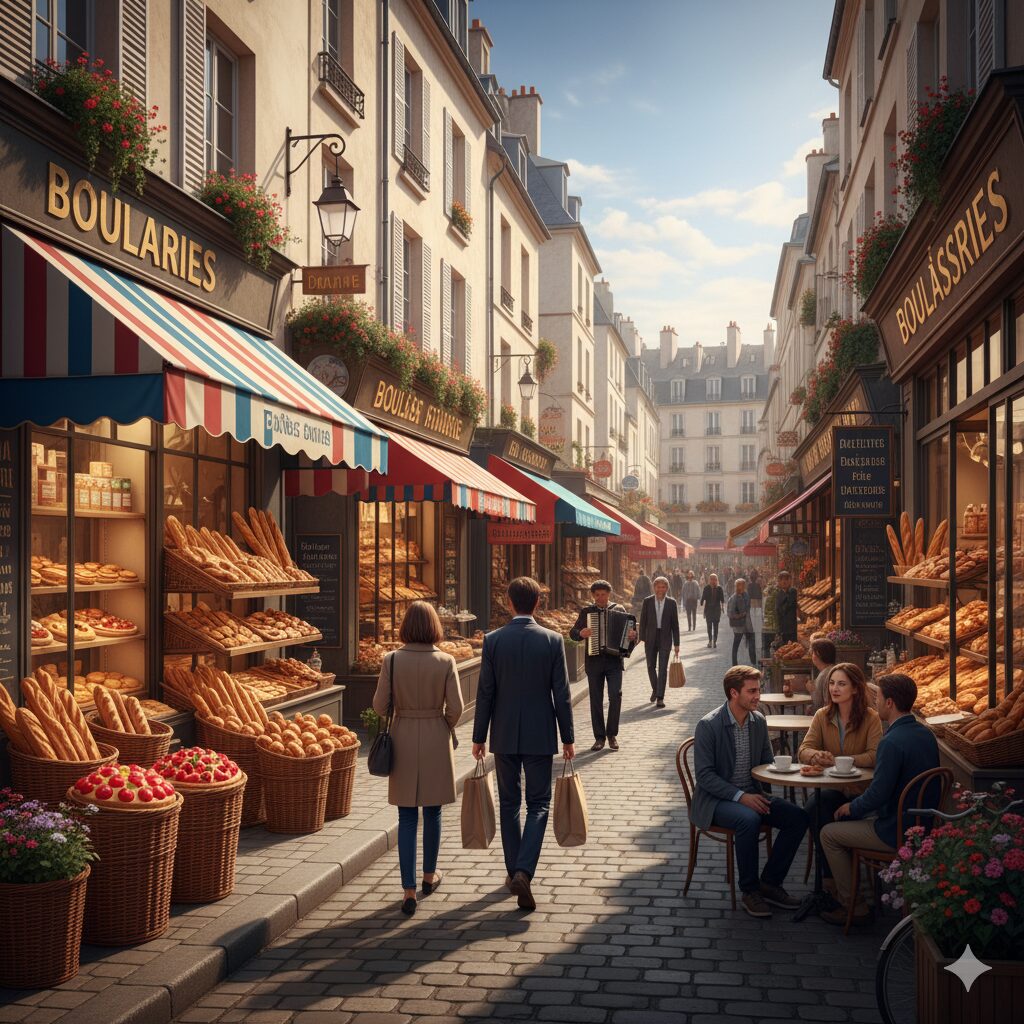 パン屋さんが並んだフランスの通り