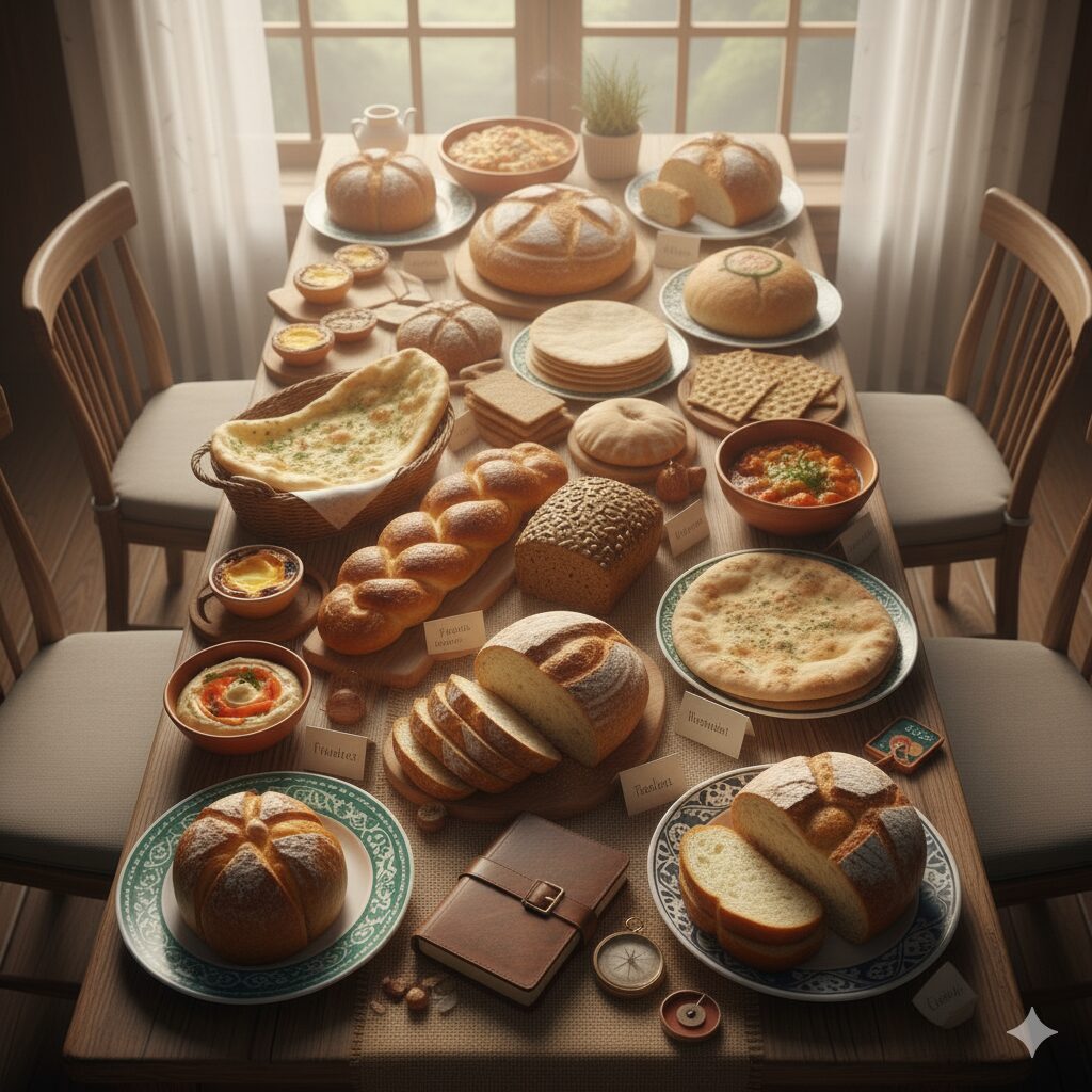 明るい日差しがさすテーブルに世界各国のパンが並ぶ。パンの種類と文化を旅するイメージ