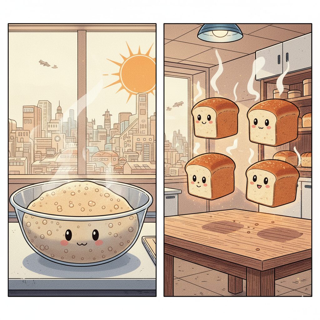 左右に2コマ割りの画像。未来世界のガラスボウルで発酵中のパン生地。自然光に包まれ、表面に細かな気泡が浮かぶ。2コマ目でキューブ型のパンが美味しそうな色に焼きあがったパンがテーブル上に浮かんでいる。柔らかく温かい印象。文字なし。