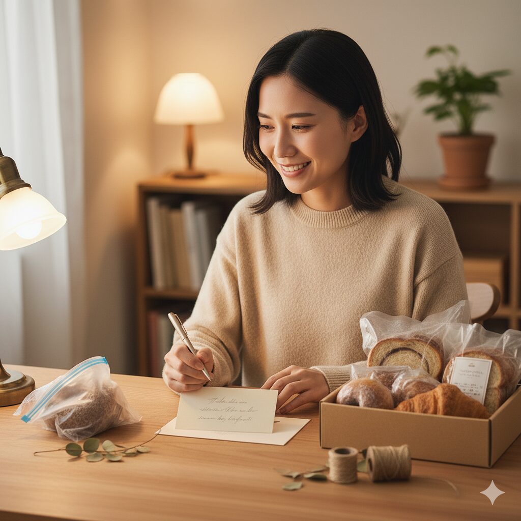 日本人女性　パンを贈る　メッセージカード　想いを　書く