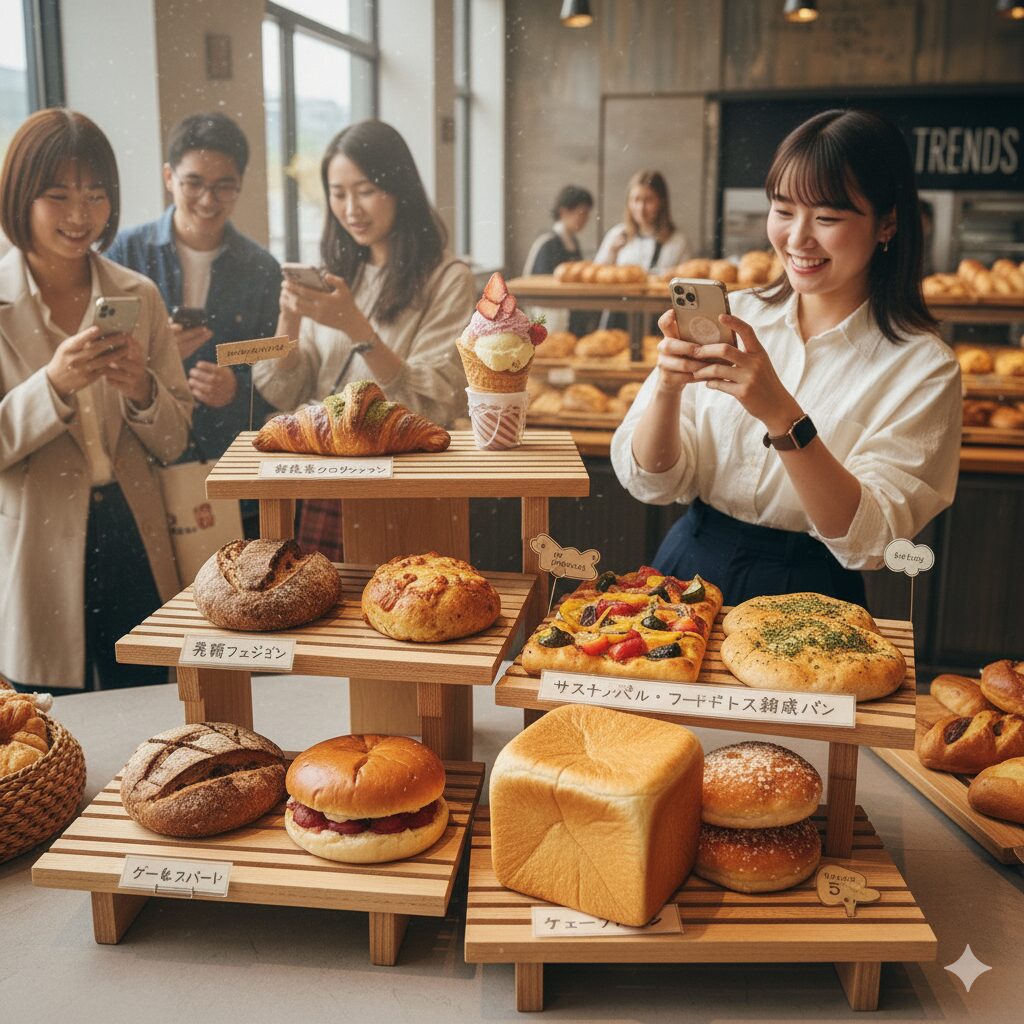 2025年のパンのトレンドを象徴する5種のパン。多様性とやさしさを並べた食卓 キューブパン、「進化系クロワッサン」「発酵フュージョン」「サステナブル・フードロス削減パン」「ハーブ&スパイスブレッド」「ノスタルジックレトロパン」が並んでいる