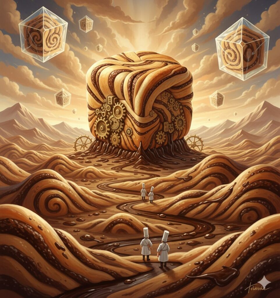 「まつやまパン」の「しまチョコキューブ」というマーブル模様の菓子パンが巨大化し、歯車や機械仕掛けと融合して大地にそびえ立っている。周囲にはパン生地のようなうねる地形が広がり、その道を小さな料理人たちが歩いている。空には透明なキューブの中に渦巻き模様のパンが入った物体が複数浮かんでおり、全体的に幻想的でシュールな雰囲気のアート作品。