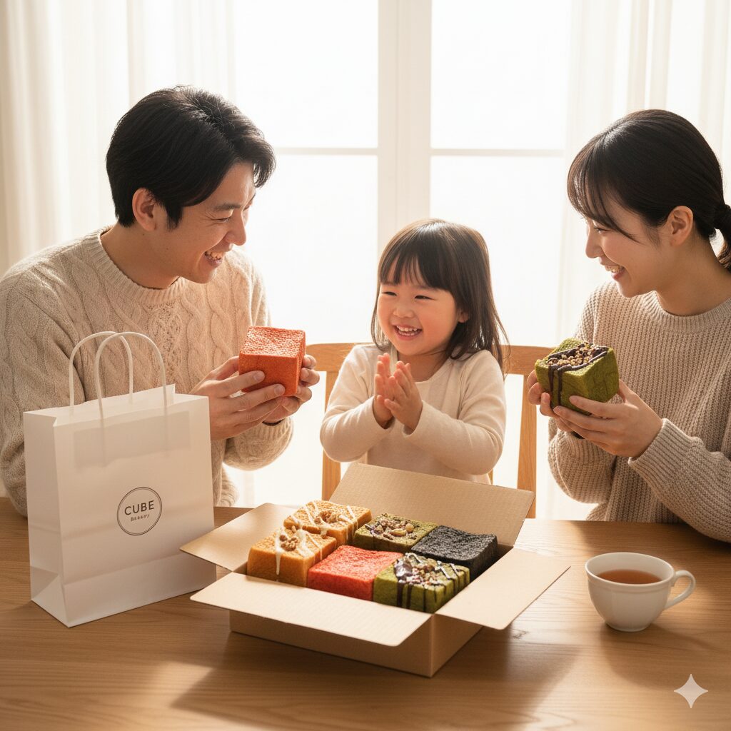 正立方体のキューブパンが箱に並んでいる。パンの黄金色の焼い色をしたものもあれば赤、緑、黒などの色とりどり。チョコレートで飾っているものもある。美味しそうだと喜んでいる家族。お土産にともらったキューブパンのセットが家族を笑顔にしている。