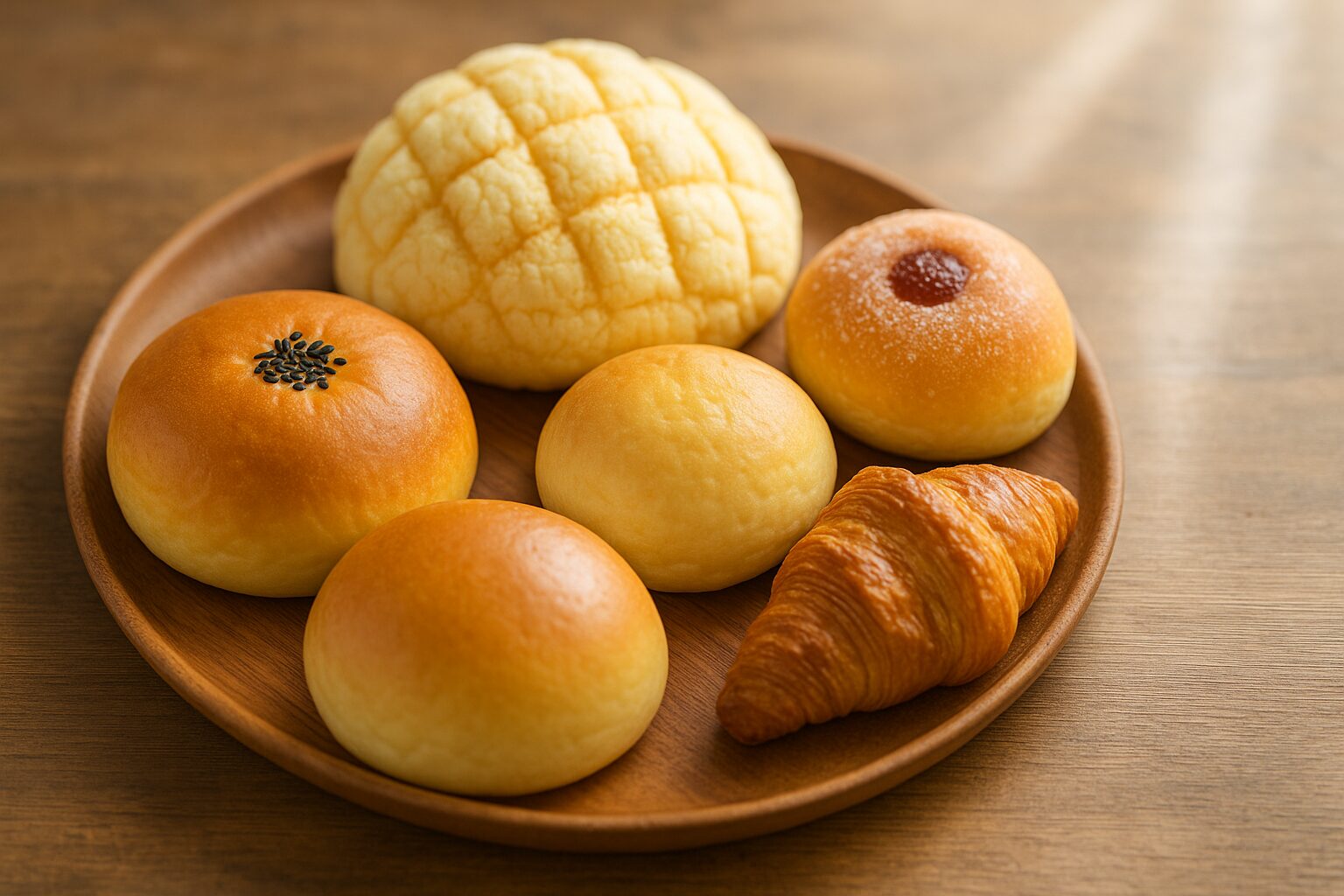 あんパン・メロンパン・クリームパン・ジャムパン・デニッシュが並ぶ朝の食卓。やわらかい光に包まれた人気の菓子パンの温かな雰囲気（まつやまパン）。