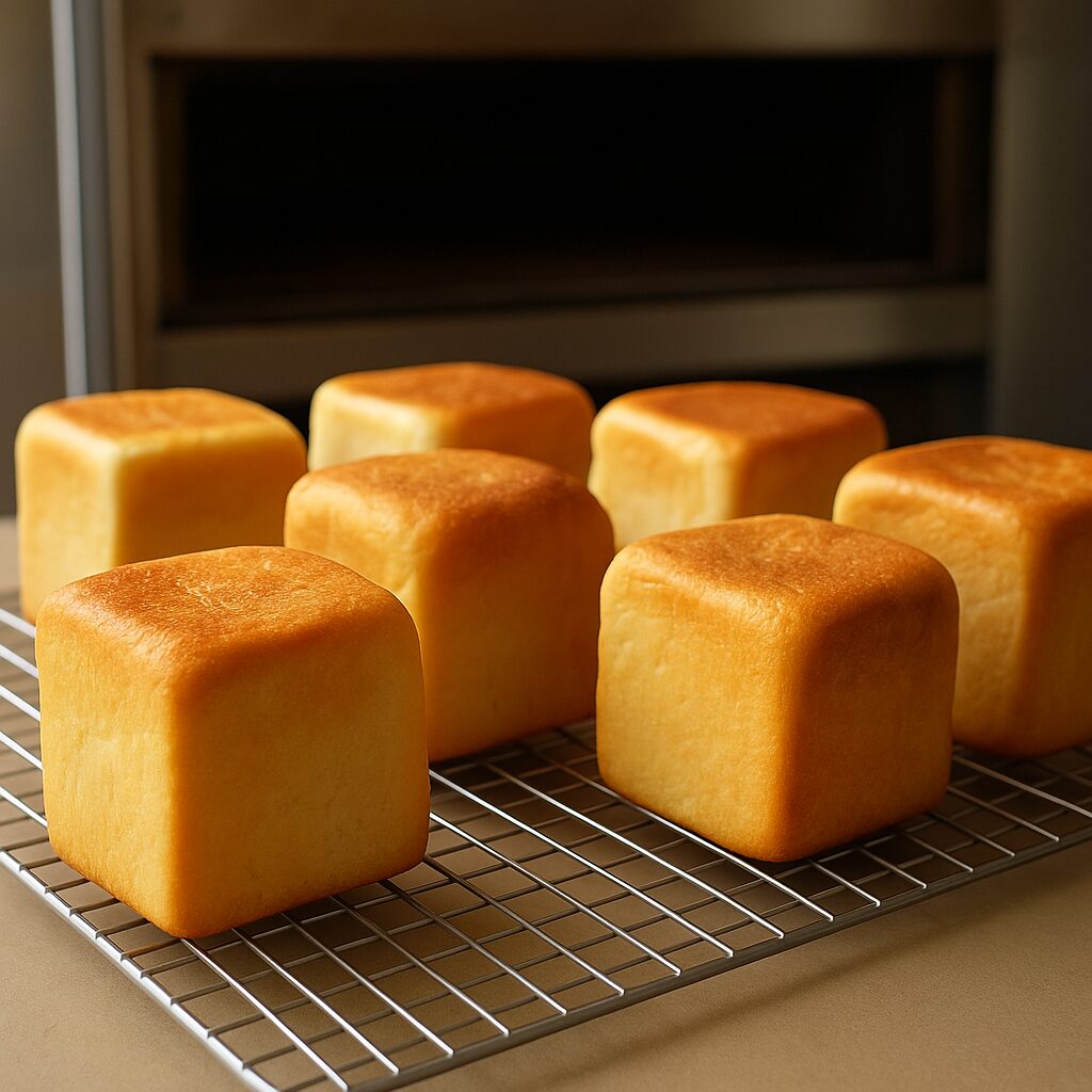 焼きたてのキューブパンがオーブン前で整然と並ぶ。角の丸みと焼き色のわずかな違いが“完璧でない美しさ”を感じさせる（まつやまパン）。