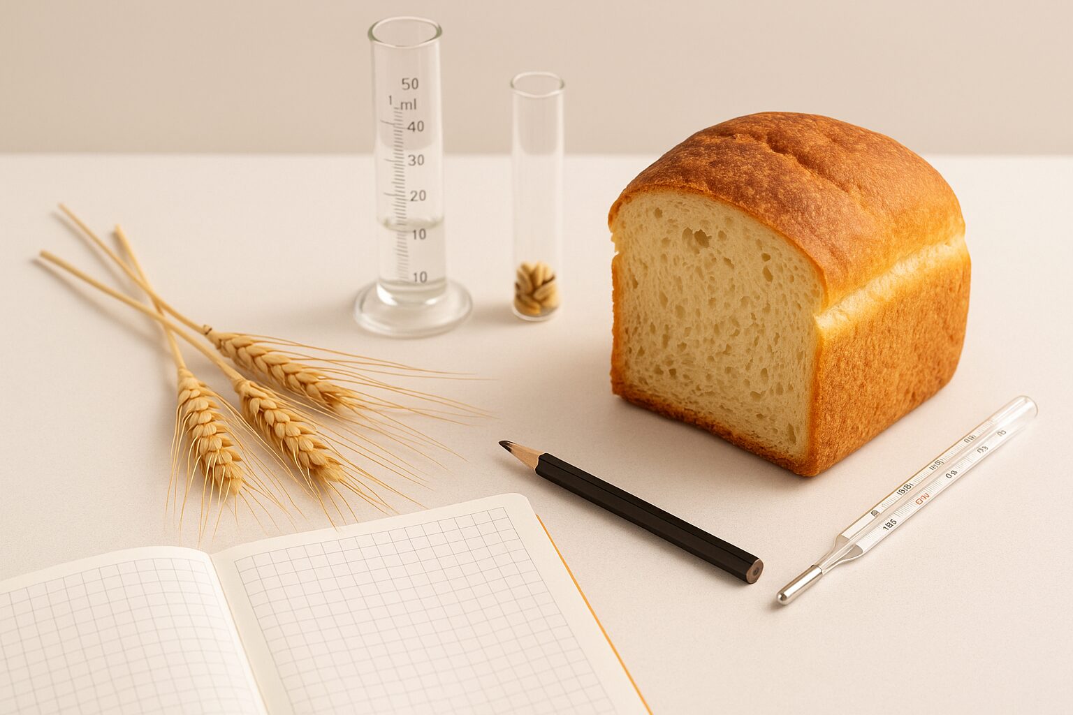 国産小麦とパンを実験器具と並べた静物構図。パン職人が科学的に小麦を分析するイメージ