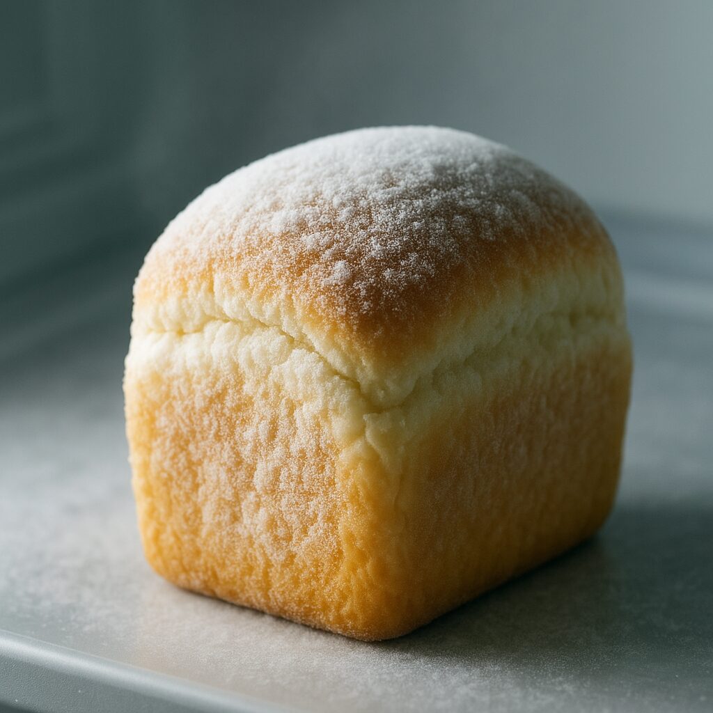 白い霜をまとった冷凍パンが柔らかな光に包まれている。静かに眠る“時間旅行中”のパンの姿（まつやまパン）。