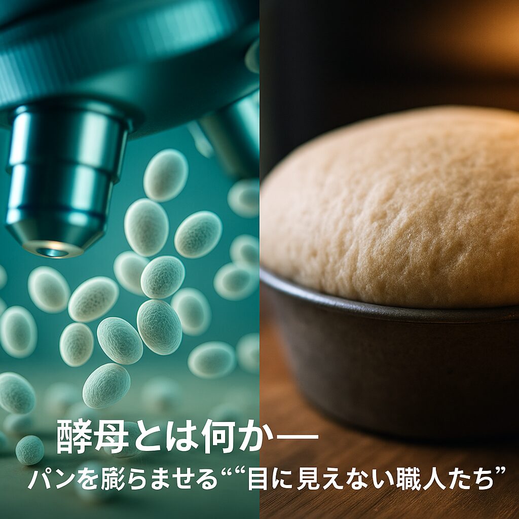 顕微鏡の中の酵母と膨らむパン生地。生命と発酵の関係を感じさせる一枚（まつやまパン）。