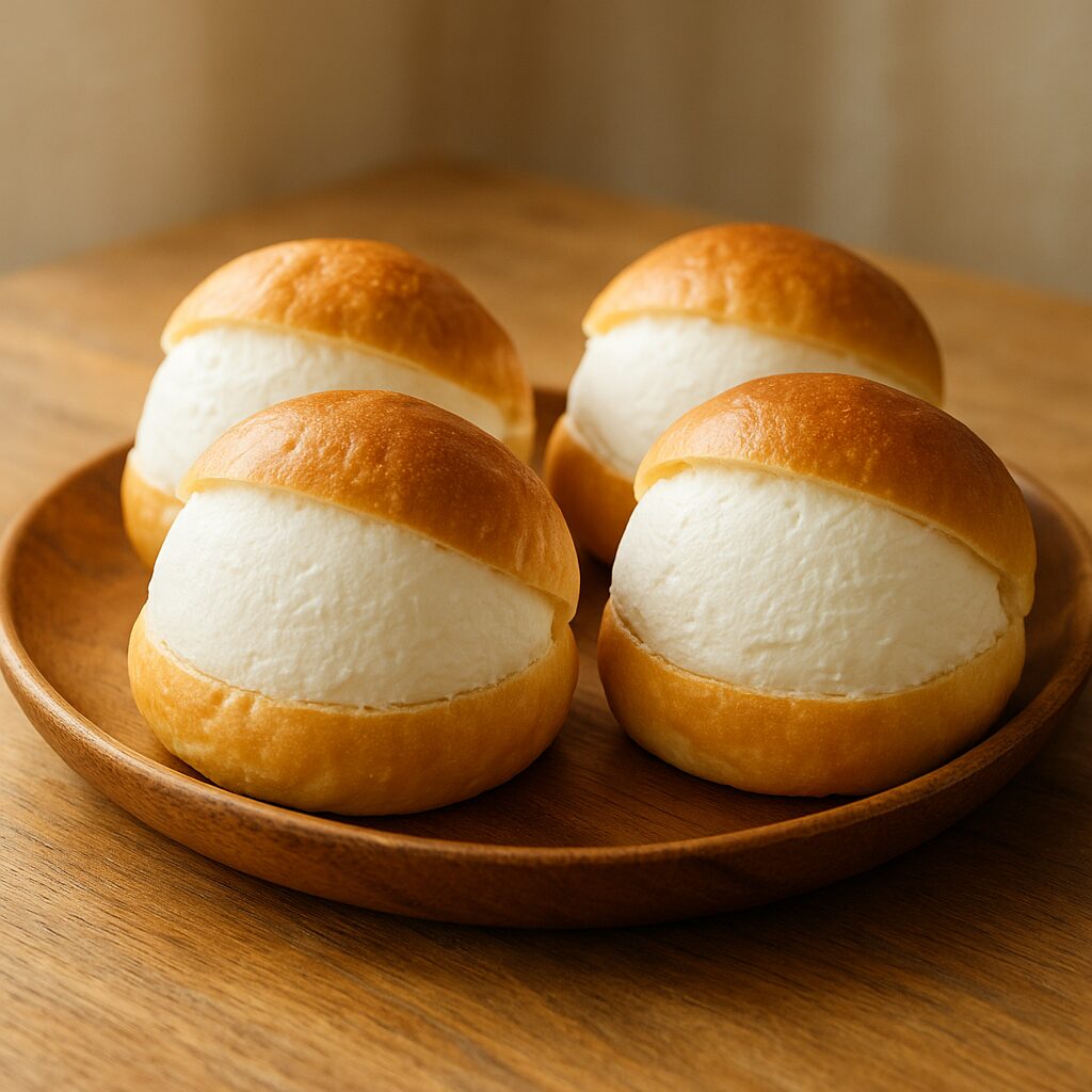 木皿に並ぶ4つのマリトッツォ。ふんわり生クリームと柔らかなパン生地が、朝の光に包まれて上品な雰囲気を漂わせる（まつやまパン）。