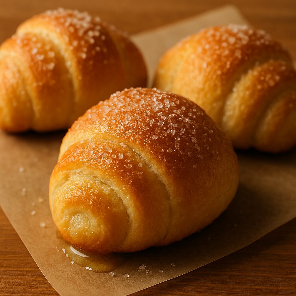 焼きたての塩バターロールにグラニュー糖がまぶされ、溶けたバターが艶めく。甘じょっぱさと温かみを感じる仕上がり（まつやまパン）。