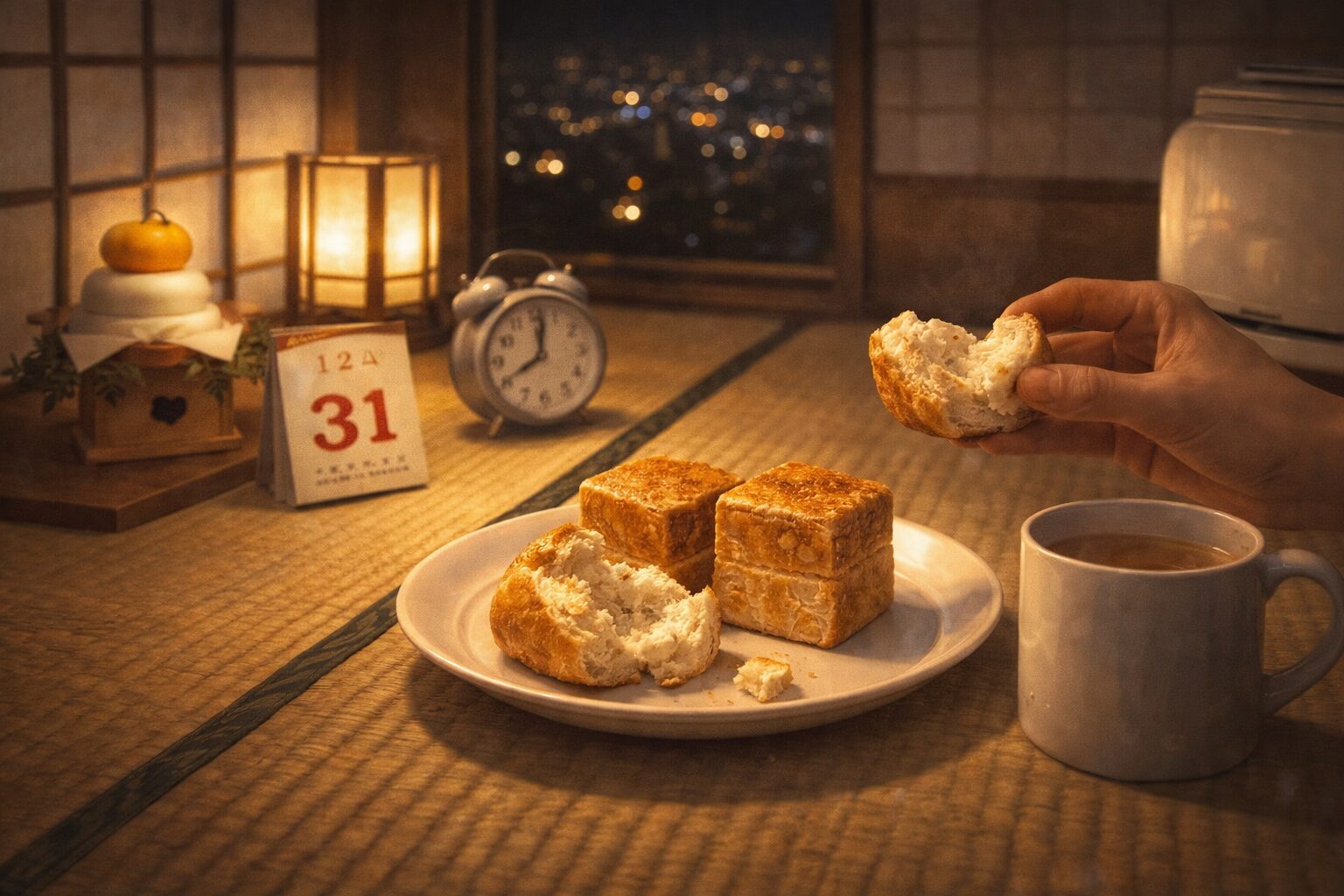 年末の静かな夜に、年越しそばの代わりにパンを食べる穏やかな時間を表現したビジュアル