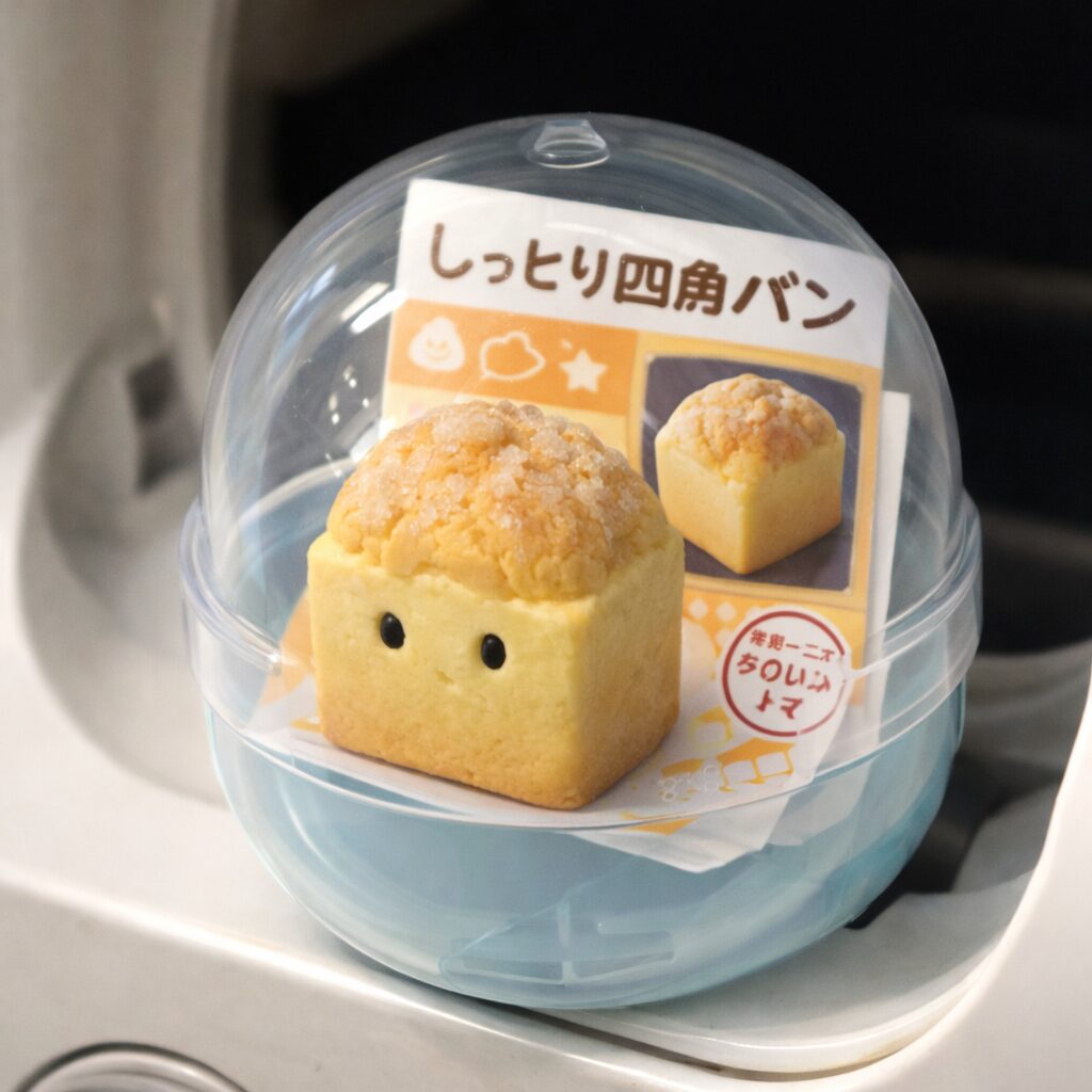 ガシャポンのカプセルの中にキューブなメロンパンが入っているアニメ画像