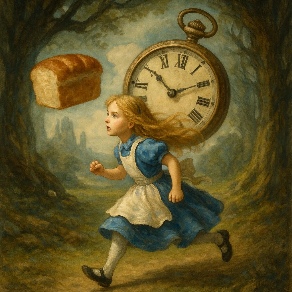 時を刻む時計とパンを追いかける女の子を「アリスと不思議な国」のような物語性を持たせ、想像力あふれるリアルな画像