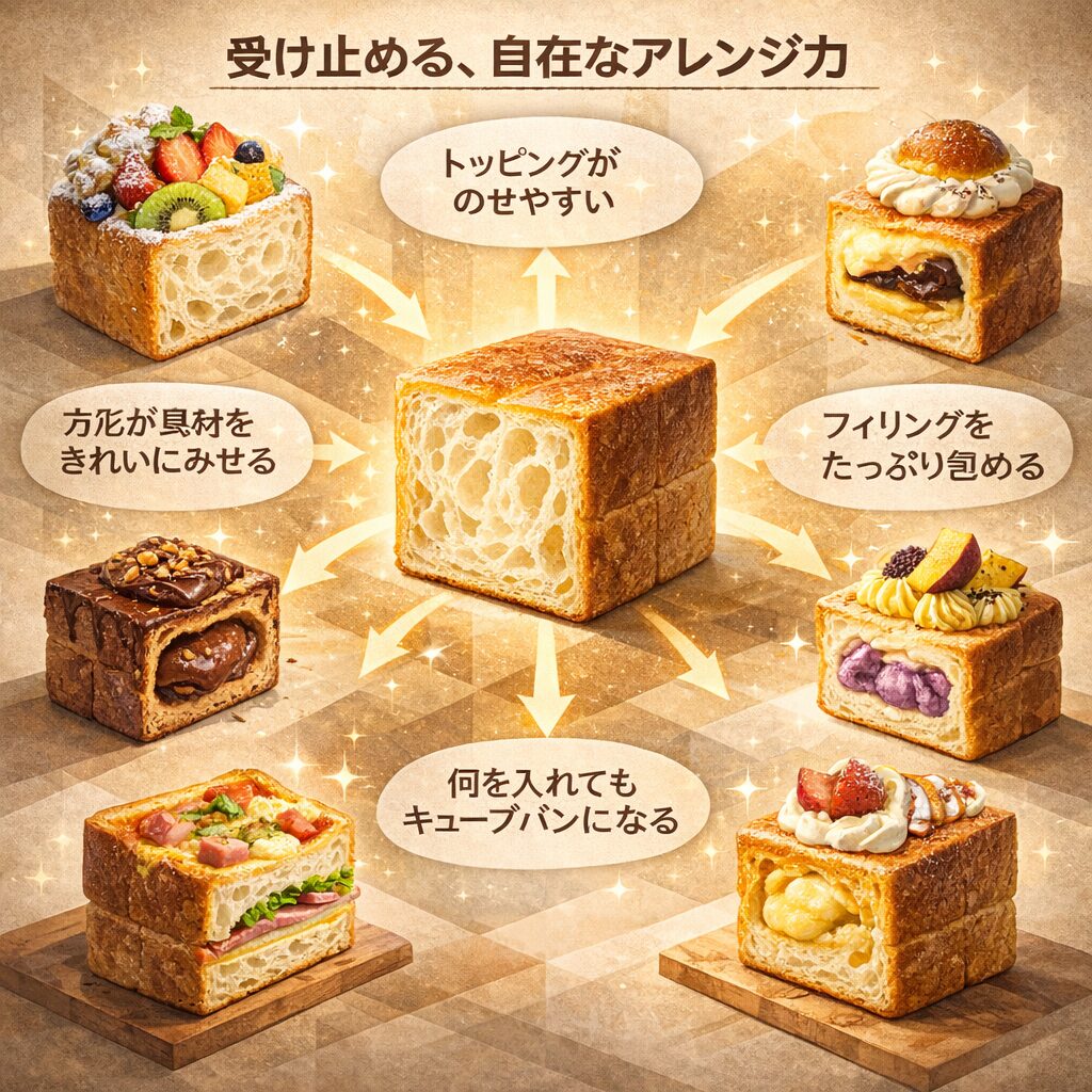 四角い構造をもつキューブパンが、具材やデザインの違いを受け止め、自在にアレンジできる強さを示した解説画像