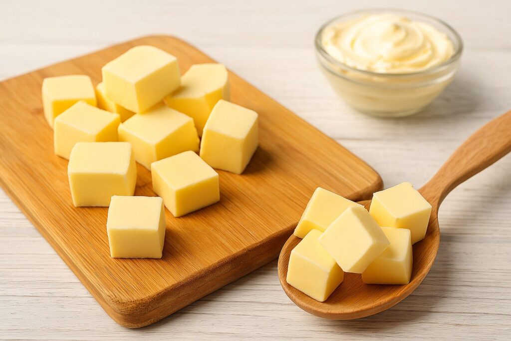 木製カッティングボードに並べられた立方体のバターと、木のスプーンに盛られたバターキューブ、背景にはガラスボウルに入ったマーガリンが置かれている比較用イメージ。