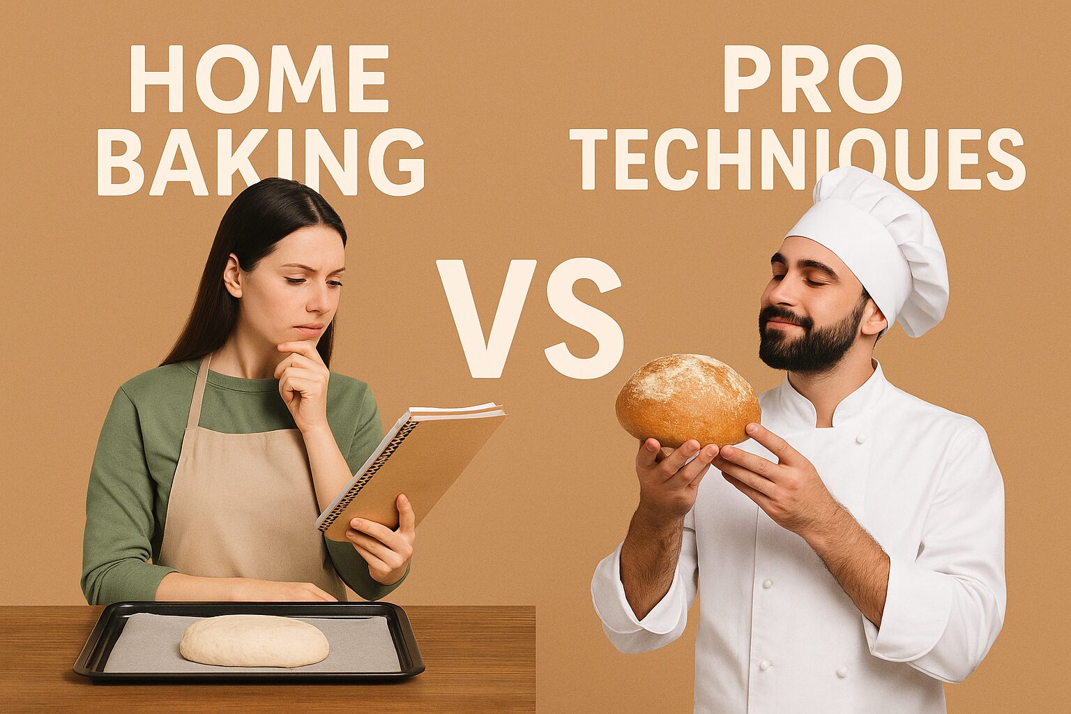 家庭でのパン作りと職人技術の違いを比較したイラスト。レシピ通りに焼く家庭パンと、その場で状態を読み調整する職人の技術を対比した構図（まつやまパン）