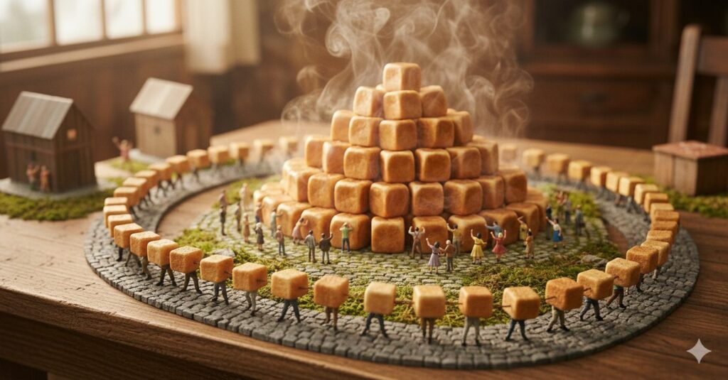 香り立つキューブパンを運び出しているシーン　列をなして進んでいく