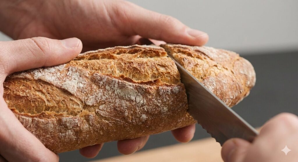 バゲットをナイフでカットしている画像