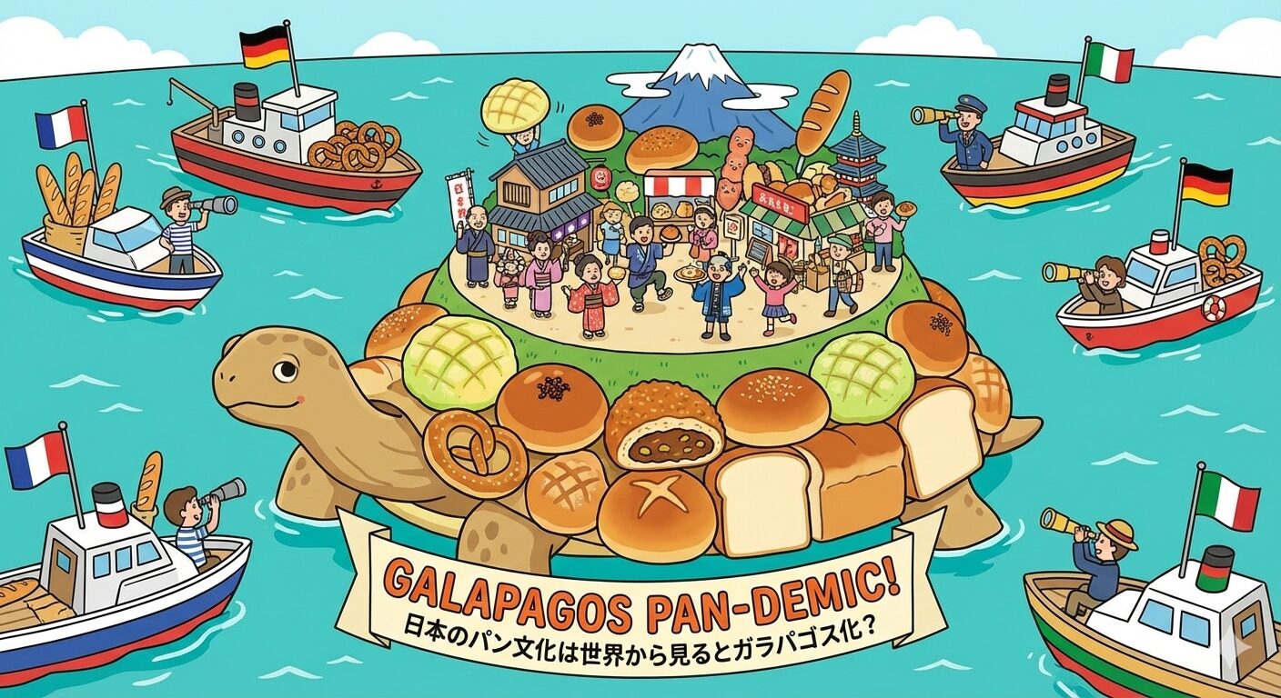 日本の独自のパン文化が、世界から見るとまるで「ガラパゴス化」した奇妙で面白い島のように見える様子を、ユーモラスに描いた風刺イラスト