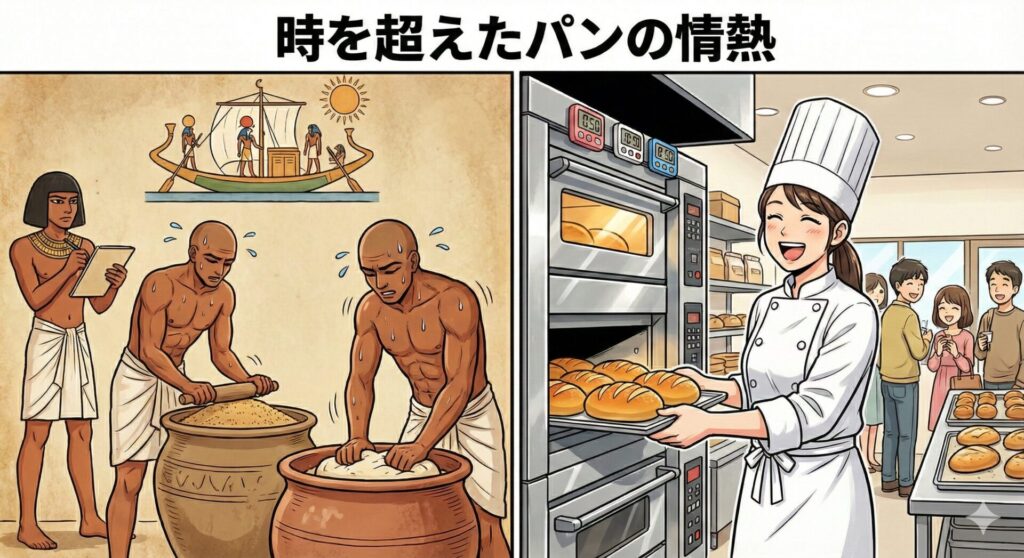 古代エジプトのパンづくり壁画をイメージした図と現代のパン作りを対比したイラストを漫画風に描いてください。エジプト人の男性が一生懸命こねている感じや日本人女性のシェフが楽しそうに焼いているオーブン前の風景のような感じ