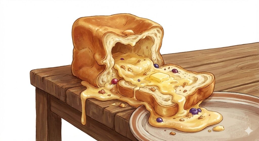 とろけるバターとベリーが溢れ出す、四角い食パンの美味しそうなイラスト。