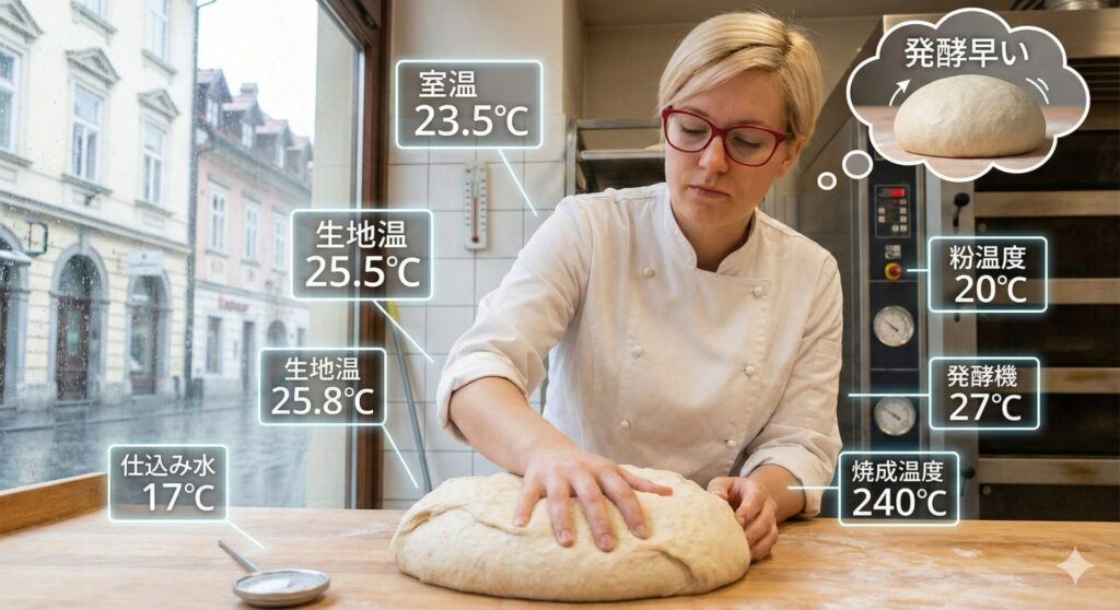 スロベニアのパン屋で働く28歳の金髪ショートカットの女性パン職人。赤い眼鏡をかけ、白いコックコートを着用し、真剣な表情でパン生地を指先で確認している。彼女の周りには、室温、生地温、仕込み水、粉の温度、発酵機、焼成温度など、パン作りに重要な様々な数値がホログラムのように表示されている。窓の外にはスロベニアの街並みが広がり、思考の泡の中には「発酵早い」と膨らむパン生地のイメージが描かれている。