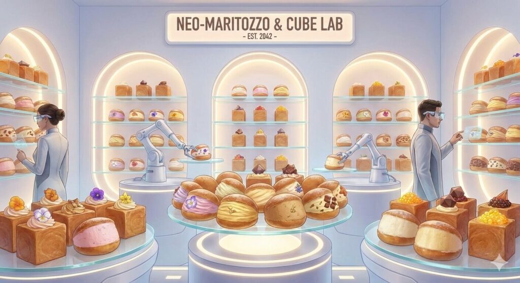 いろんなアレンジされたやクリーム色をしたマリトッツォとキューブパンで作ったマリトッツォがたくさん並んだパン屋の売り場を想像して書いてください 近未来的なパン屋です。