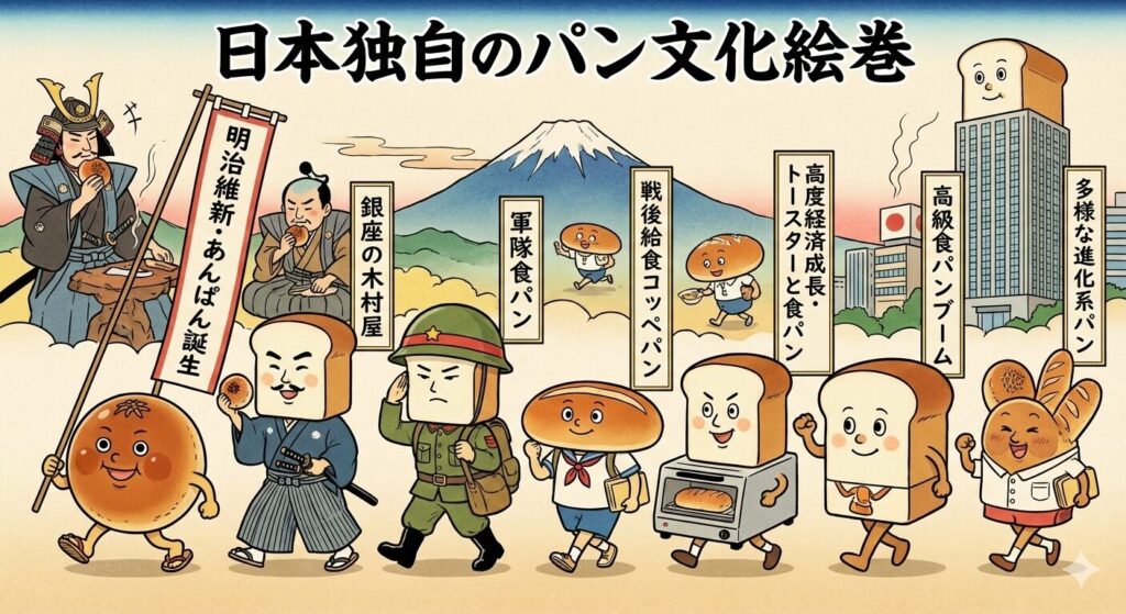 あんぱんと食パンを中心に、日本独自のパン文化の歴史を表現した面白い感じのイラスト