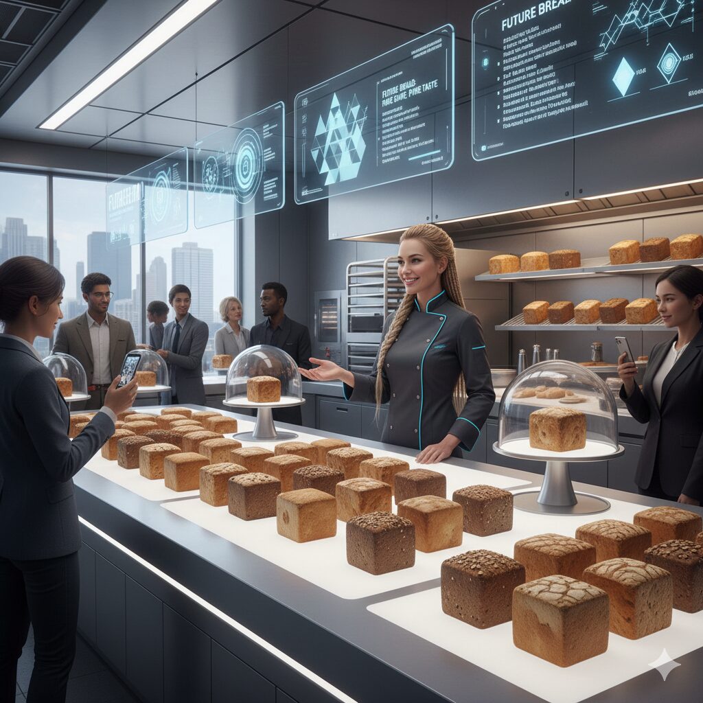 キューブパンが並んだ売り場 リアル風に 金髪アメリカ人女性がシェフのベーカリーの近未来的な売り場です