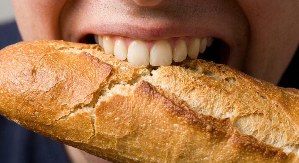 フランスパンをかじりつく画像。白い歯がバゲットに刺さるようにかぶりついている。