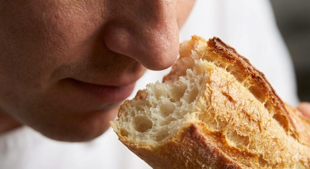 バゲットの断面に顔を近づけ香りをかいでいる。パンの断面は手で割ったような断面です。