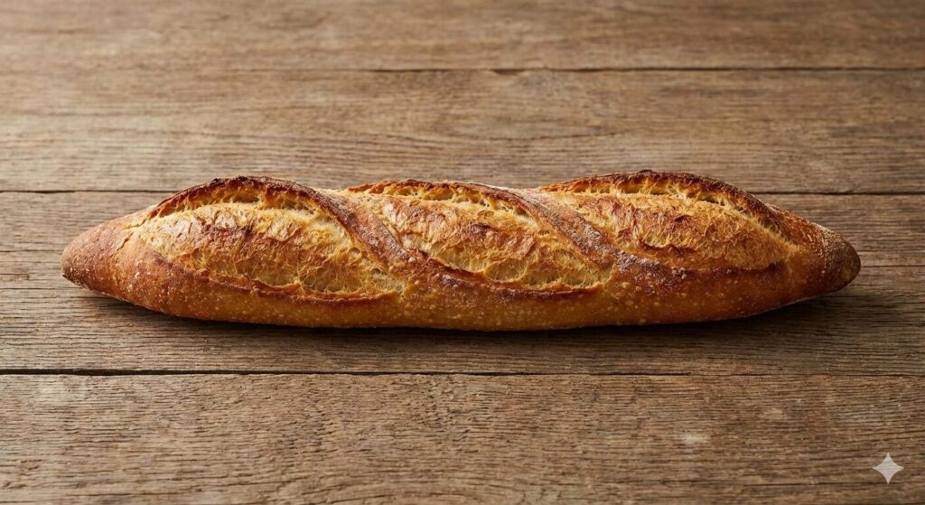 板の机の上にバゲットが横たわっている。