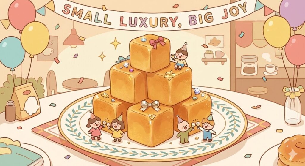 小さな贅沢としてのキューブパンを象徴的に描いたイメージ図を楽しい雰囲気