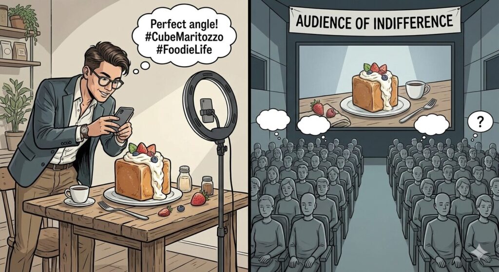 インスタグラマーが美味しそうな「キューブパンのマリトッツォ」の写真を撮っている場面を画面を見ている無表情で眺める聴衆たち 風刺画的なイメージの画像を生成してください