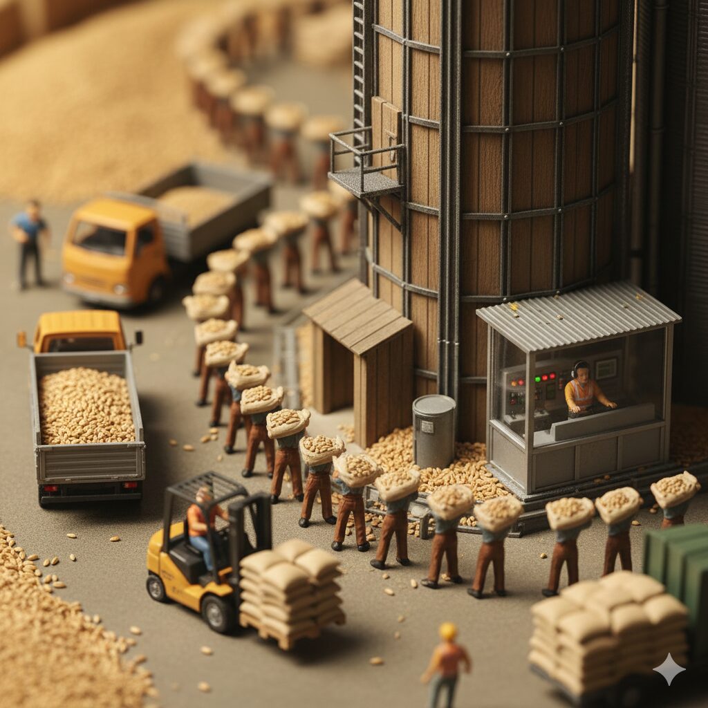 小麦倉庫から小麦の入った袋を運び出す作業員の列　ミニチュア画像
他にもリフト操作をしていたり車を運転していたり、コントロールパネルを操作している作業員も見える