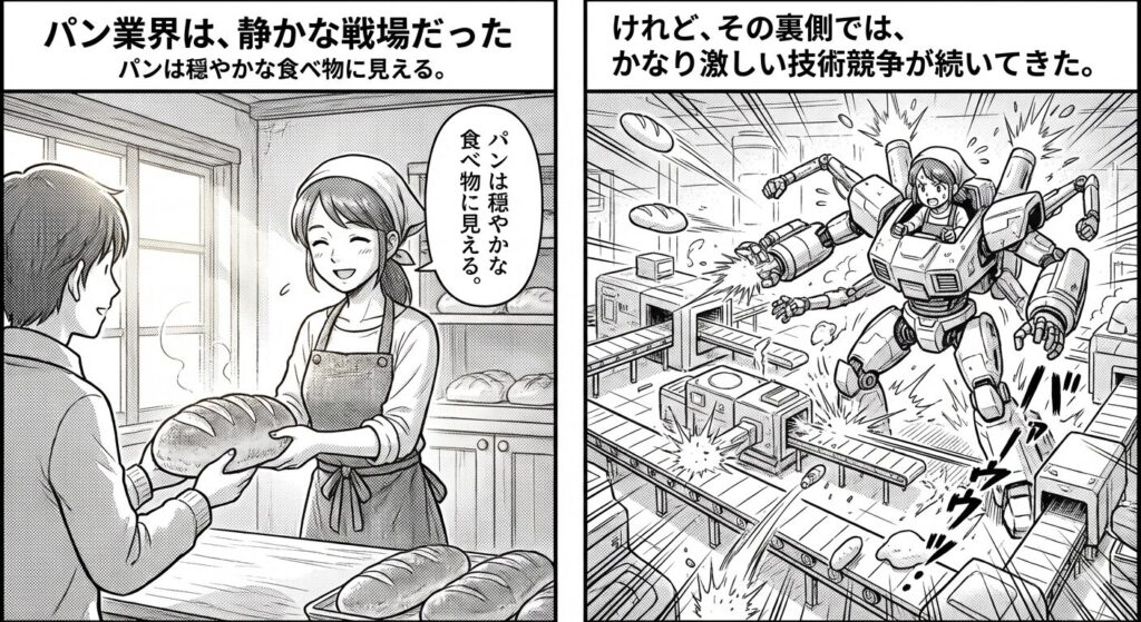 昔ながらの平和なパン屋さんの店先が描かれています。笑顔のパン職人が、美味しそうに焼けたバゲットや丸パンを棚に並べています。温かみのある色使いで、私たちが普段抱く「パン屋=穏やかで幸せな場所」というイメージを表現しています。