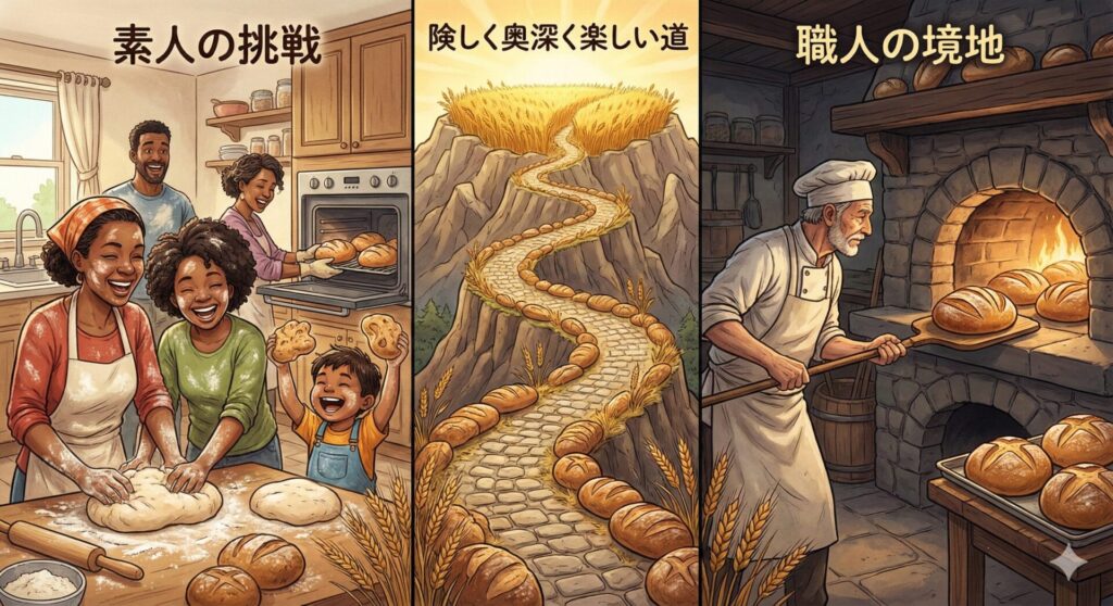 パン作りの世界を描いた3分割のイラスト。左パネル『素人の挑戦』は家族が楽しそうにパンを作る様子、右パネル『職人の境地』は熟練職人が石窯でパンを焼く様子。中央パネル『険しく奥深く楽しい道』は、パンでできた山道が頂上の麦畑へ続く様子を描き、パン作りの道のりを象徴している。