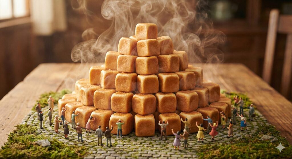 焼きたてキューブパンが山のように積み重なっている。そこから香りが立ち上る様子に喚起する人々を示したイメージ図をミニチュア風