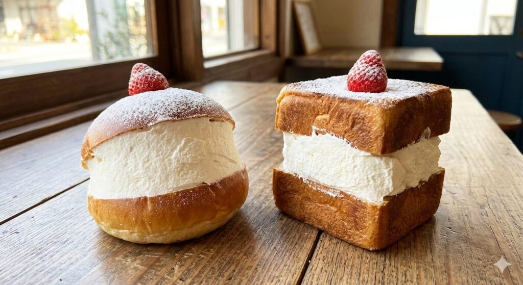 マリトッツォとキューブパンで作ったマリトッツォを並んでいる。窓からさわやかな明かりがさしている。