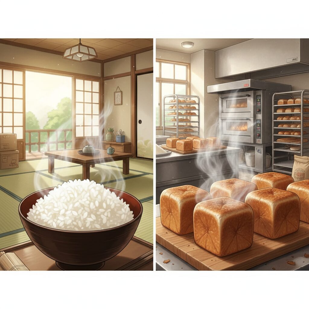 ホカホカの湯気が立っている白いご飯と焼き立ての湯気をあげているキューブパンの比較画像を描いてください。背景はご飯は日本の一般的な部屋の中でパンはベーカリーの厨房の風景