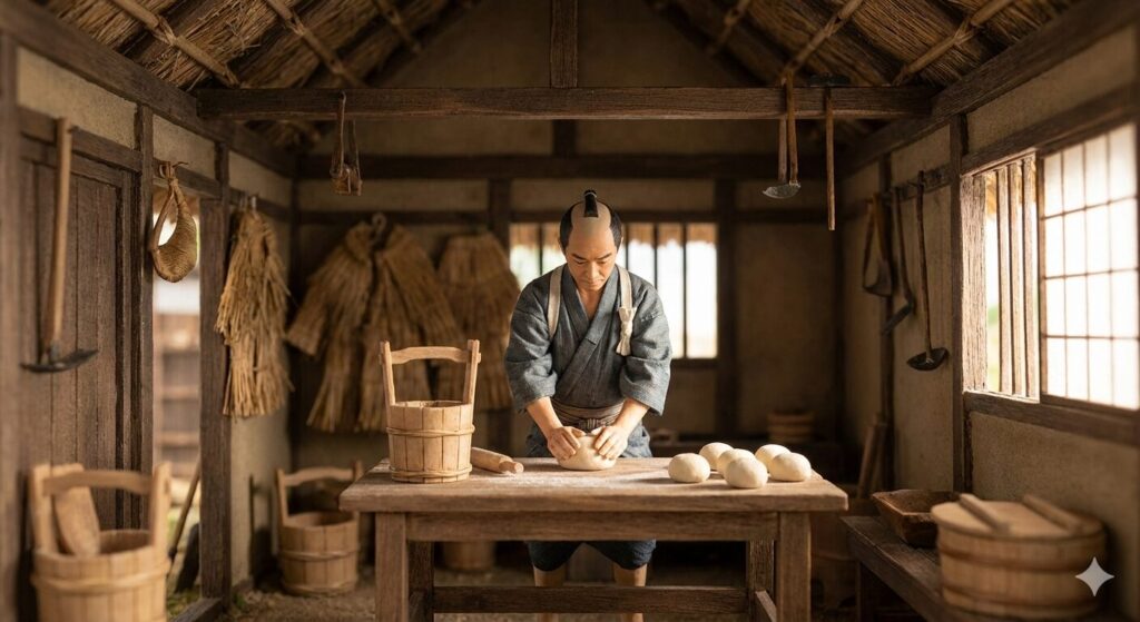 細かい手仕事が得意な江戸時代の日本人の職人がパンを丸めている風景を描いてください
髷を結った着物姿の職人で、真剣な顔で作業をしている。いかにも江戸時代の建物の中で桶や蓑が下がっていたりする