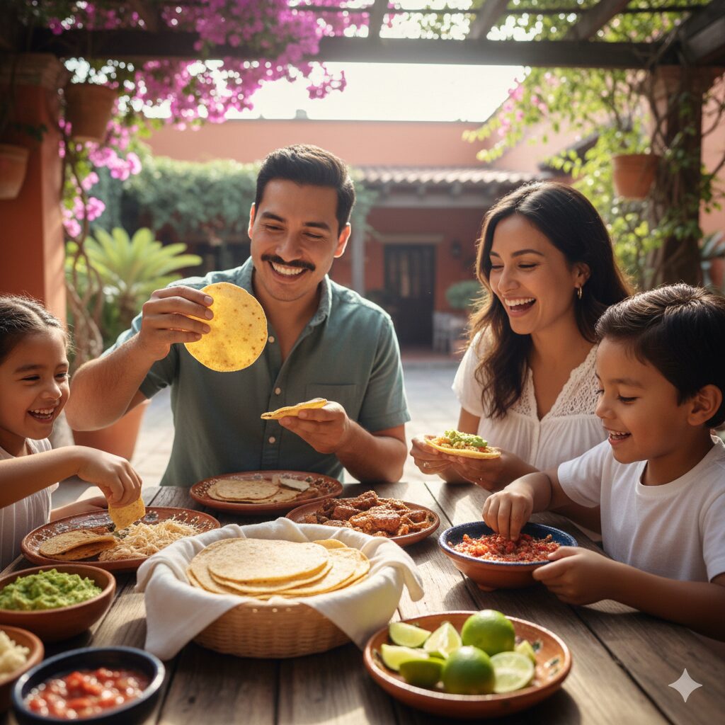 メキシコのトルティーヤを食べて楽しそうにしている家族