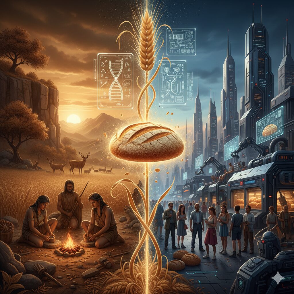 小麦と人類の関係を象徴的に描いたイメージ図